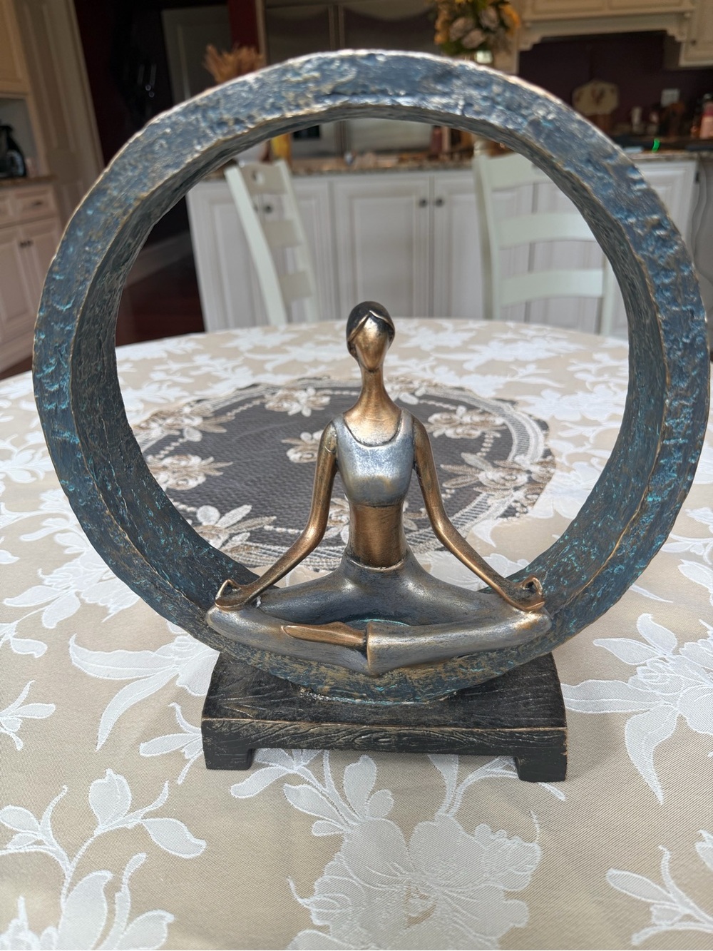 Bronze-Tone Meditative Yoga Sculpture with Teal Ring - Home Art